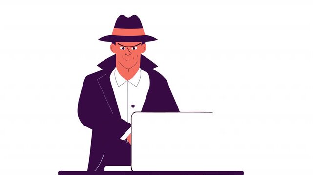 Cyber thief with a stolen bag of money. Animation of an internet scammer, Alpha Channel. Cartoon