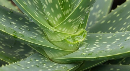 Close-up of a vibrant, succulent plant with thick, green, spotted leaves, glistening with water droplets. Spiraling structure offers a detailed texture