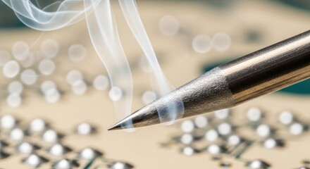 Close-up of a soldering iron with rising vapor over a circuit board. The sharp tip is near various metallic components, suggesting electronics repair or construction