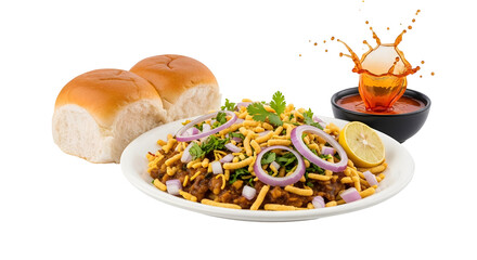 Delicious Misal Pav with a splash of curry a popular Indian street food.