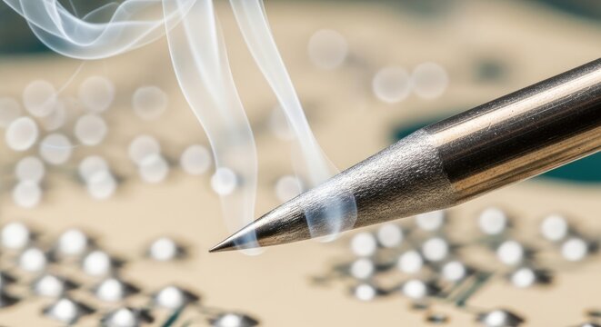 Close-up of a soldering iron with rising vapor over a circuit board. The sharp tip is near various metallic components, suggesting electronics repair or construction