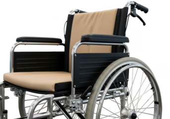 Close up view of a modern manual wheelchair isolated on transparent background