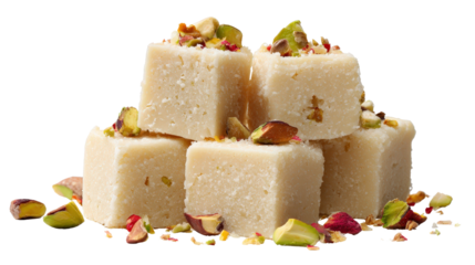 Indian barfi milk sweet cubes background isolated on a Transparent background, PNG file.