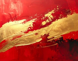 Abstract red and gold painting with textured brushstrokes and gold highlights
