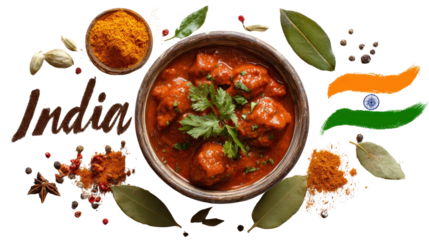 Indian curry dish with Indian flag and name background isolated on a Transparent background, PNG file.