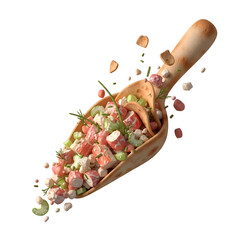 Freshly prepared salad with salmon feta and herbs spilling from a wooden scoop.