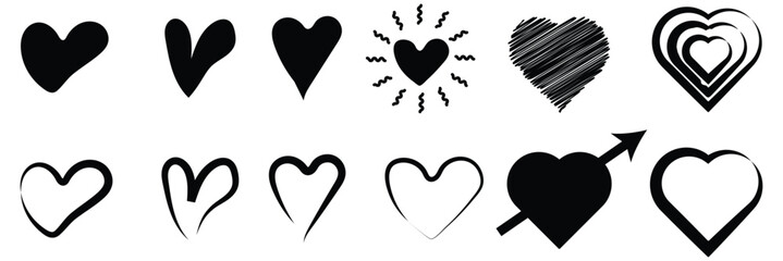 Hand drawn heart icons set, love and romance doodles vector design on transparent background. pink hand drawn hearts. unique heart various styles and shapes. Pink hearts doodle artistic set