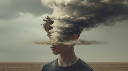 A young person stands in a vast desert landscape with a striking sky. Wisps of clouds emerge from their head, creating a surreal and thought-provoking atmosphere.