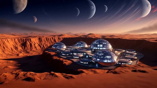 Futuristic settlement on a red planet with multiple moons in the sky