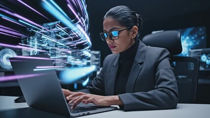Woman working on laptop with digital background. - Powered by Adobe