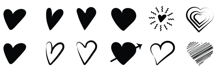 Hand drawn heart icons set, love and romance doodles vector design on transparent background. pink hand drawn hearts. unique heart various styles and shapes. Pink hearts doodle artistic set