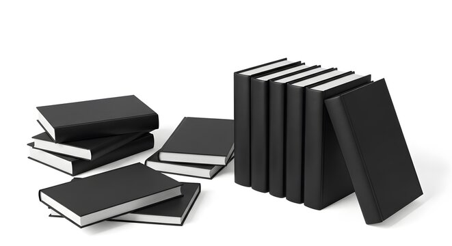 Pile of several black covered books stacked and leaning on white surface for business concept