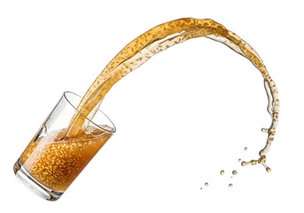 Dynamic splash of golden liquid pouring from a clear glass.