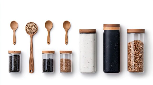 A collection of wooden spoons and glass jars containing various grains and seeds, neatly arranged on a white surface.