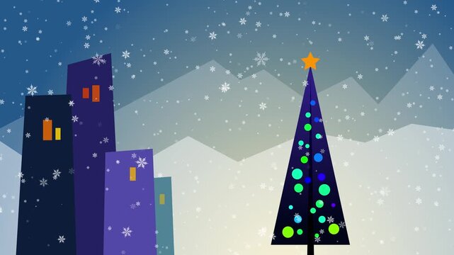 Christmas tree animation with falling snowflakes and urban city skyline creating a modern loopable xmas winter holiday background - abstract geometric festive scene