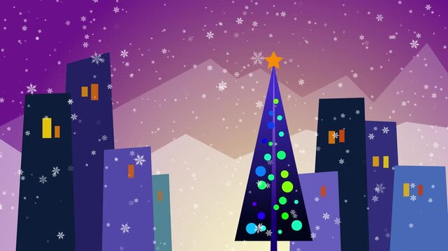 Christmas tree city flat vector animation featuring purple buildings and falling snowflakes in an urban winter landscape for modern holiday motion graphics
