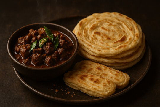 South Indian Porotta with Spicy Beef Curry Served on Rustic Plate &ndash; Traditional Kerala Cuisine, Layered Flatbread and Meat Gravy Food Photography