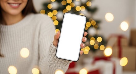 Smartphone mockup in hands with festive bokeh background and cozy knitted sweater details