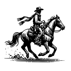 Obraz premium A man in a cowboy hat rides a horse. The horse is galloping and the man is holding a rope