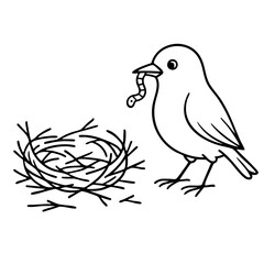 Obraz premium A bird is eating a bug that is in a nest. The bird is black and white. The nest is made of twigs and grass