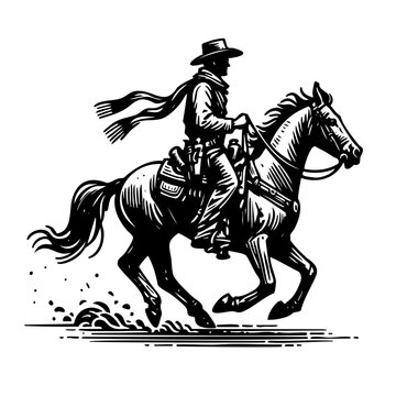 A man in a cowboy hat rides a horse. The horse is galloping and the man is holding a rope