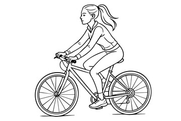 A woman is riding a bicycle. She is wearing a jacket and is leaning forward. The bicycle is black and has two wheels