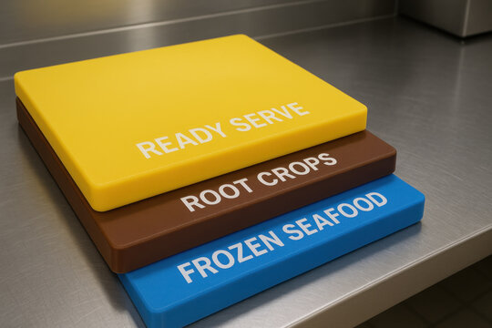 Professional color coded cutting board system for food safety preparation. HACCP hygiene control process for clean commercial kitchen showing stacked boards for different foods