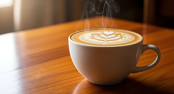 A cup of coffee with latte art on a wooden table with steam rising from it.