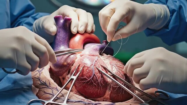 Medical Professionals Performing Surgical Procedure on Anatomical Human Heart Model with Surgical Tools