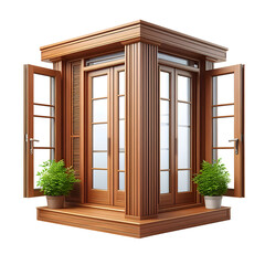 Realistic sliding window wood frame isolated on transparent background