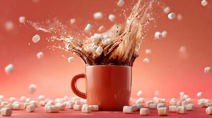 Hot chocolate spills over the edges of a red cup, creating a splash. Soft marshmallows scatter around on a warm red backdrop, evoking a cozy, festive atmosphere.
