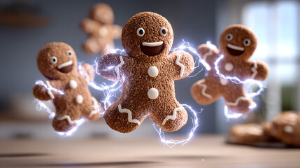 Gingerbread cookies magically float and sparkle in a warm kitchen. The scene is cheerful and festive, evoking holiday joy and creativity in baking.