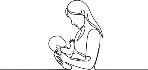 Continuous line design of mother's concern for baby. one line Icon drawing with white background