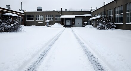 Fototapeta premium Tire tracks mark a path through fresh snow leading to a building in winter.