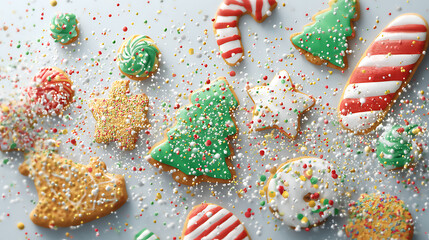 A variety of festive cookies are scattered across a clean surface, featuring shapes like trees, stars, and candy canes. Bright colors and fun sprinkles add to the holiday spirit.