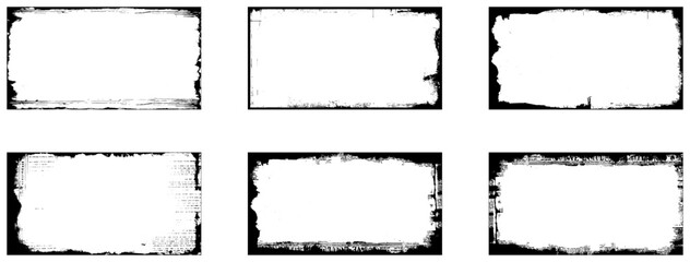 Grunge frames set templates. Ink paint border with rough edges for poster and banner. Retro textured overlays. Rectangular old black abstract flyers on transparent background. Vector illustration. 