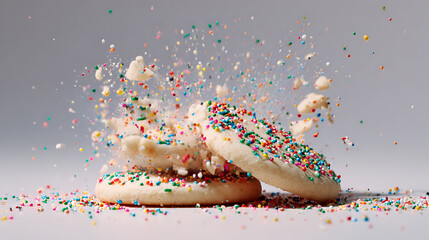 Exploding sugar cookies with colorful sprinkles captured in mid-air, dynamic food with grey background
