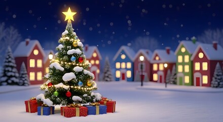 Obraz premium Festive illuminated Christmas tree in winter village on Christmas Eve