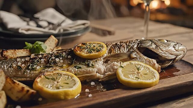 Handheld footage captures rustic cooked fish simply