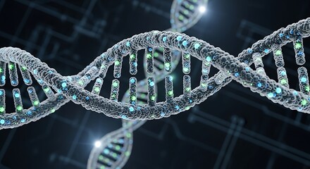 Detailed DNA strand illustration with glowing nodes and dark background.