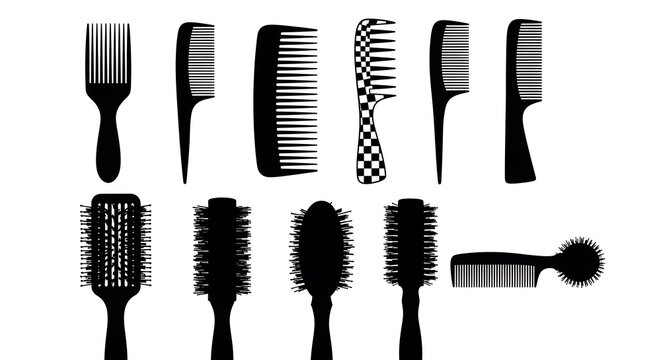 Set of different types of combs and hairbrushes in black and white style isolated on white