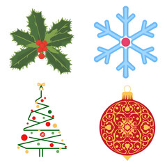A set of vibrant Christmas icons including holly leaves, a blue snowflake, a stylized Christmas tree, and an ornate red ornament, perfect for festive designs and holiday decorations.