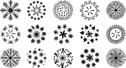 Intricate Geometric Star-Shaped Line Art Motifs in Elegant Black and White Decorative Pattern
