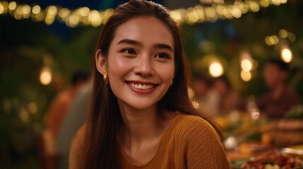 The young Asian woman smiles warmly as she shares joyful moments with her family at a festive gathering under twinkling lights, surrounded by delicious dishes and loved ones