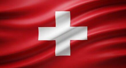 Fototapeta premium Close-up of the Swiss Flag Waving with Silk Texture and Dramatic Lighting Switzerland national symbol