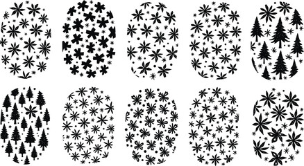 Black and White Abstract Pattern Shapes with Geometric Stars and Stylized Tree Motifs in Seamless