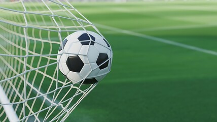 A soccer ball caught in the net against a blurred green background on a sunny day game