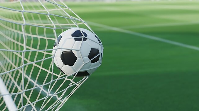 A soccer ball caught in the net against a blurred green background on a sunny day game