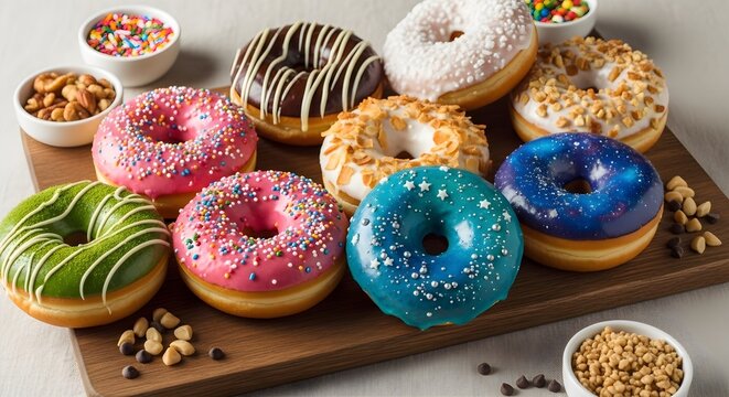 Assortment of delicious colorful donuts on a wooden board with toppings and sprinkles.