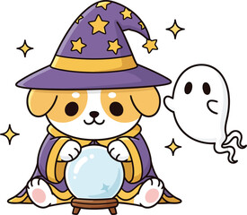 Cute cartoon corgi puppy dressed as a wizard with a purple star hat and a crystal ball.